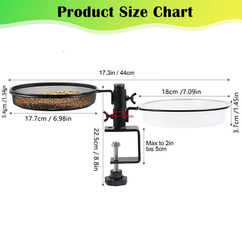 Deck Bird Feeder With Metal Mesh Tray And Two Water Bowls Detachable Adjustable Heavy Duty Clamp Bracket Fits Balcony Railing