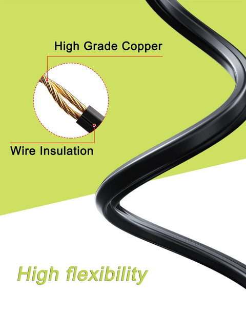 Built Tough 16 Foot Black Extension Cord With Two Prong Plug And 20 AWG Waterproof Cable showing high grade copper and flexibility.