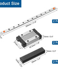 Dimensions of Two Pack 300mm Linear Guide Rails With Two MGN12H Carriage Blocks And Two Mini MGN12 Guides shown in image.