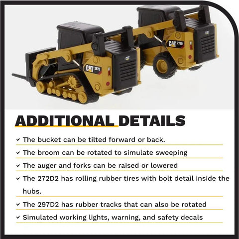 1 64 Scale Cat Skid Steer Loader And 297D2 Compact Track Loader Set With Diecast Metal Construction, clear cab windows, interchangeable accessories, collectible model 85693, back view