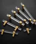 10 Pack 5 Inch Gold Acrylic Drawer Pulls with Seven Point Five Inch Overall Length for Kitchen Cabinets displayed on black surface