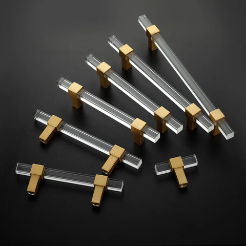 10 Pack 5 Inch Gold Acrylic Drawer Pulls with Seven Point Five Inch Overall Length for Kitchen Cabinets displayed on black surface