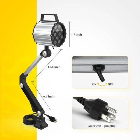 Waterproof Aluminum Alloy Work Light With Adjustable Long Arm For Lathe CNC Milling Drill Press And Workbench, 12W LED