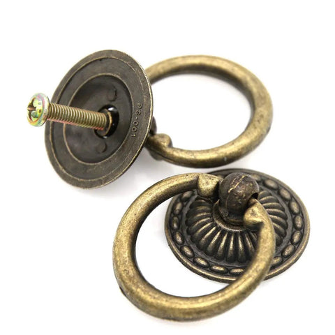 Close-up of Vintage Antique Brass Ring Pull Handles For Cabinets And Drawers, 10 Pack, Zinc Alloy, rust resistant, round disk