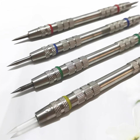 2-9 Mohs Hardness Scratch Tester Pen Kit with Stainless Steel Picks, 4 Pack, Storage Box, Pro-Grade Tool for Testing Minerals, Jewelry, Jade, Glass and Gemstones, Handy, Pocket-Ready Hardness Tester for DIY Hobbyists, four stainless steel pens on white