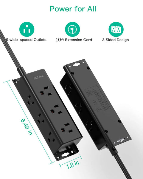 Nine Outlet Surge Protector Power Strip With Three Side Design For Widely Spaced Plugs Wall Mount Flat Plug 10 Foot Cord