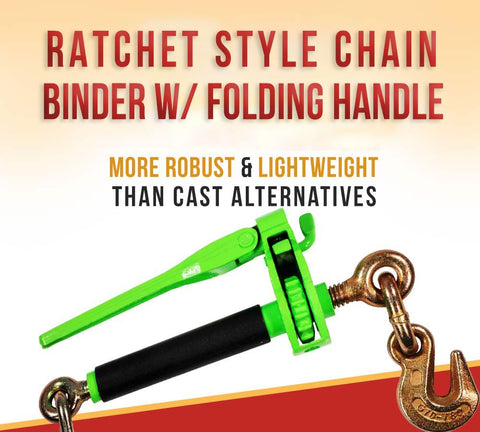 Hi Viz Green Beefy Heavy Duty Folding Handle Ratchet Load Binder With Grab Hook 7100 Lbs WLL shown with chain