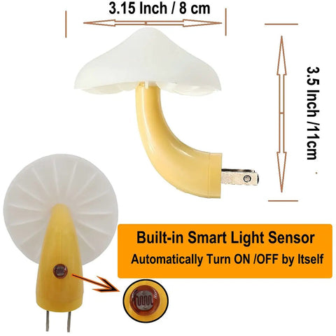 Two Pack LED Mushroom Night Lights Plug In Wall Lamps With 7 Color Changing Sensor, dimensions and sensor visible
