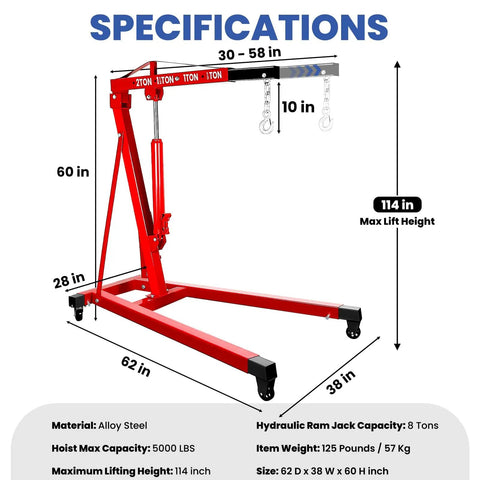 Heavy Duty 5000 Lbs Engine Hoist Cherry Picker with adjustable boom arm, alloy steel, 114 in max lift height, designed for automotive use.