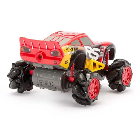Rear view of Lightning McQueen Light Up Remote Control Car With Monster Truck Wheels, 2.4GHz RC Toy For Outdoors, 360 Spin Stunt Action.