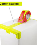 Heavy Duty Light Yellow Packing Tape Refills, 2.5 Mil Thick, applied to a carton with a red dispenser for secure seal.