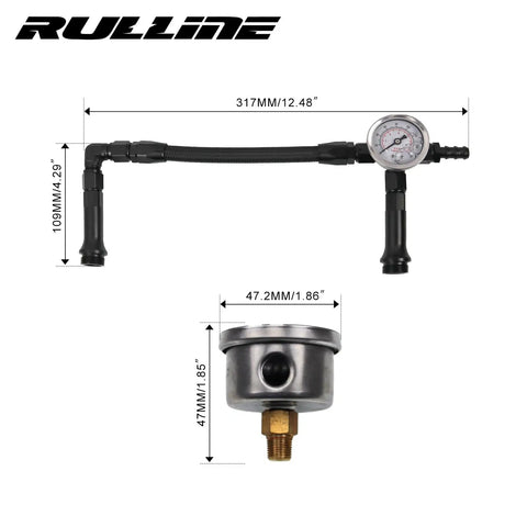Holley 4150 Compatible Dual Feed AN6 Braided Fuel Line Kit with 0-160 Psi Vacuum Gauge dimensions and fittings shown