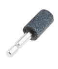 Close-up of a single grinding stone from Ten Piece 16mm Cylindrical Aluminum Oxide Mounted Grinding Stones Set With One Quarter Inch Hex Shank For Electric Rotary Tools Drill Grinder Ideal For Metal Wood Plastic Surface Preparation Deburring Finishing
