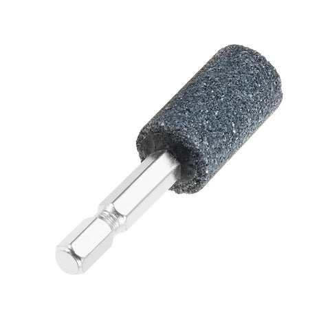 Close-up of a single grinding stone from Ten Piece 16mm Cylindrical Aluminum Oxide Mounted Grinding Stones Set With One Quarter Inch Hex Shank For Electric Rotary Tools Drill Grinder Ideal For Metal Wood Plastic Surface Preparation Deburring Finishing