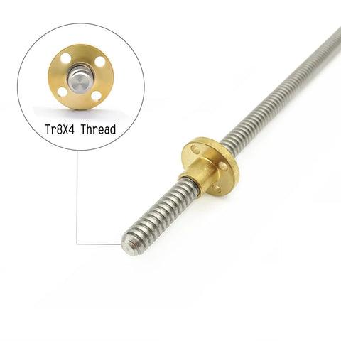 Two Pack 300mm TR8x4 Lead Screws With Copper Nut For Z Axis CNC And 3D Printers, Acme Thread, 8mm Diameter, 4mm Lead, SUS304 Stainless Steel, 4 Holes For Mounting. Close-up of TR8x4 lead screw with copper nut