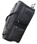 Gothamite 36-inch rolling duffle bag, black nylon with wheels and retractable handle, multiple zip pockets.