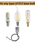 Top Shelf E12 Candelabra Ceramic Socket With 10 Inch Pigtail Wires UL Certified Build Tough Heat Resistant Porcelain Lampholder 3 Pack showing various E12 base bulbs.