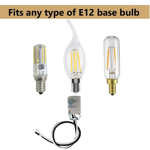 Top Shelf E12 Candelabra Ceramic Socket With 10 Inch Pigtail Wires UL Certified Build Tough Heat Resistant Porcelain Lampholder 3 Pack showing various E12 base bulbs.