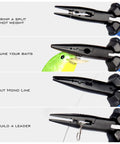 Intimidator 7 Inch Straight Nose Fishing Pliers demonstrating hook removal, wire cutting, and crimping with polymer grip.