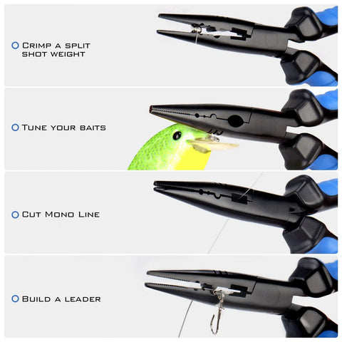 Intimidator 7 Inch Straight Nose Fishing Pliers demonstrating hook removal, wire cutting, and crimping with polymer grip.