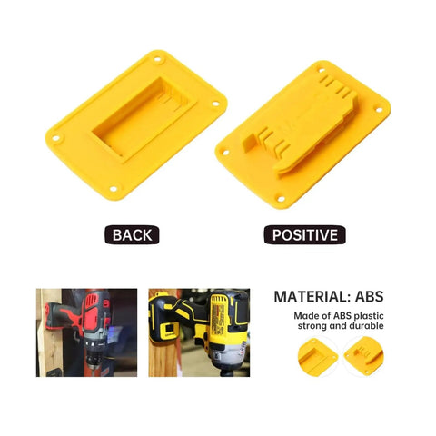 Heavy Duty Tool Holder And Battery Mount Wall Organizer Kit yellow ABS mount shown front and back with cordless tool compatibility.