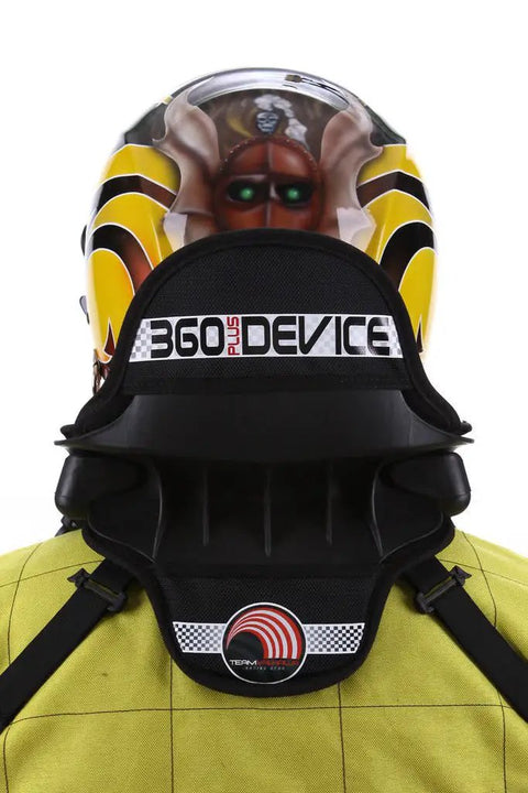 360 Plus Neck Collar For Adults In Go Kart Racing, stabilizing head and limiting hyperflexion, visible from rear view