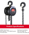 Manual Chain Hoist 1 Ton Capacity With 10 Ft Lift And 2 Hooks, Hand Pull Steel Chain Block Hoist showing hooks and chain details