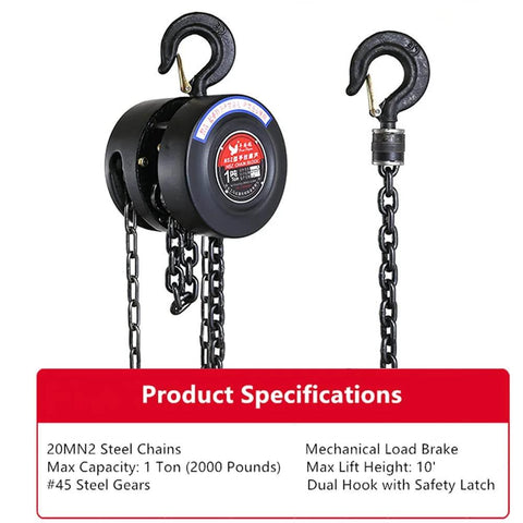 Manual Chain Hoist 1 Ton Capacity With 10 Ft Lift And 2 Hooks, Hand Pull Steel Chain Block Hoist showing hooks and chain details