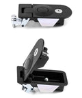 Built Tough Adjustable Compression Latch Keyed Alike Four Pack Flush Mount Cabinet Lock With Sturdy Alloy Finish Quick Hookup For Toolboxes And Enclosure Cases, black latch in open and closed positions.