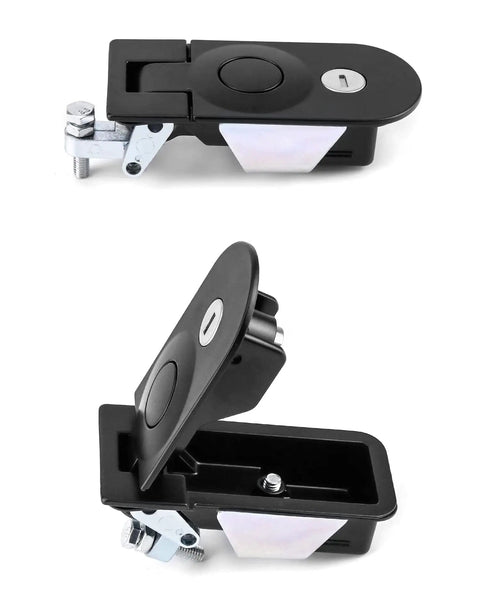 Built Tough Adjustable Compression Latch Keyed Alike Four Pack Flush Mount Cabinet Lock With Sturdy Alloy Finish Quick Hookup For Toolboxes And Enclosure Cases, black latch in open and closed positions.