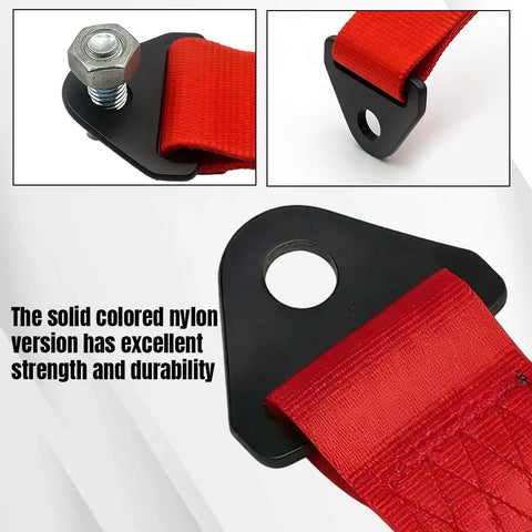 Heavy Duty Racing Tow Strap With Thick Nylon Towing Rope And Secure Hooks, Badass 2 Ton Pulling Power showing nylon strap attachment.