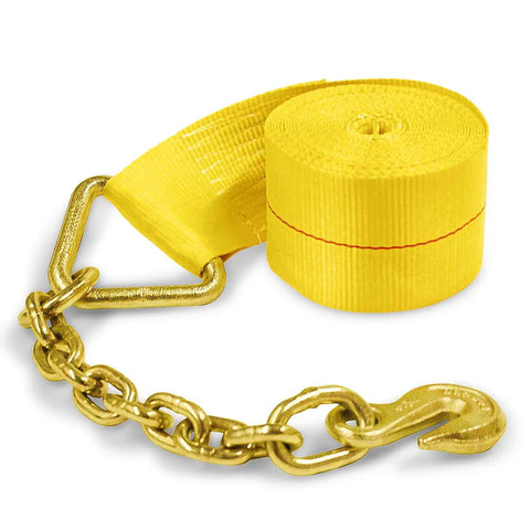 Beefy Two Strap System With 4 Inch By 30 Foot Heavy Duty Winch Straps With Chain End And Grab Hook For Flatbed Hauls 16200 Lbs Break Strength