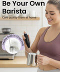 Handheld Milk Frother Wand With Stand, Turbo Electric Coffee Mixer for frothy cappuccinos, in use with milk jug