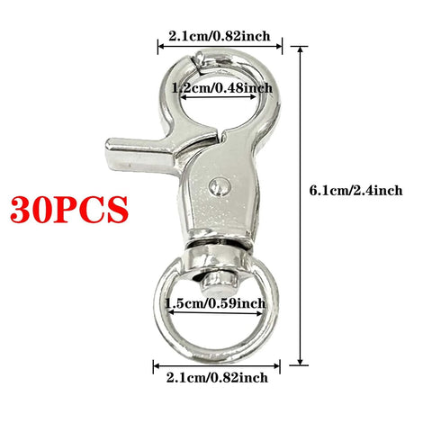 Lobster clasp trigger snap hook set, 30 pieces, silver metal with 360° swivel; keychain/purse clips (front view)