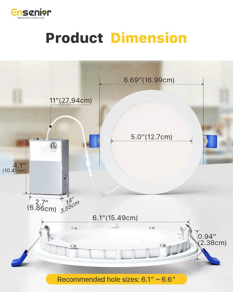 Dimensions of Six Pack 6 Inch Ultra Thin LED Recessed Light With Junction Box 2700K To 6000K Selectable Color Temperature Dimmable.
