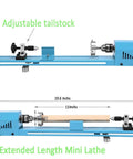 Blue mini wood lathe with adjustable tailstock and extended bed; wood between centers for turning.