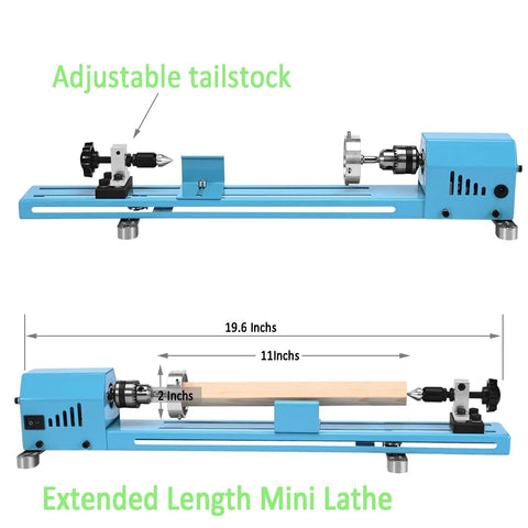 Blue mini wood lathe with adjustable tailstock and extended bed; wood between centers for turning.