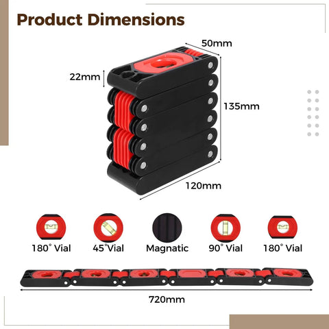 Foldable Level Tool For Woodworking With 180 Degree, 90 Degree, And 45 Degree Bubbles, Pro Grade Multi Function Leveler With Strong Holding Base, ABS Shell, 6 Fold Design, Portable Angle Tool, Unfolds To 28.3 Inches. Folded 135mm