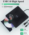 Ultra Slim External CD DVD Drive Type C 3.0, Plug And Play Portable Optical Drive, 13mm Thick, Travel Friendly For Laptops And Desktops, No Power Adapter Needed, Perfect For The On The Go Data And Media. Black USB 3.0 drive with USB-A and USB-C cable, CD tray open