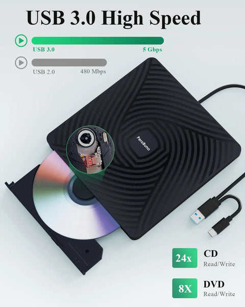 Ultra Slim External CD DVD Drive Type C 3.0, Plug And Play Portable Optical Drive, 13mm Thick, Travel Friendly For Laptops And Desktops, No Power Adapter Needed, Perfect For The On The Go Data And Media. Black USB 3.0 drive with USB-A and USB-C cable, CD tray open