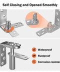 Close-up of Saloon Door Hinges Two Pack Double Action Stainless Steel Swing Hinge, highlighting waterproof and rustproof features.