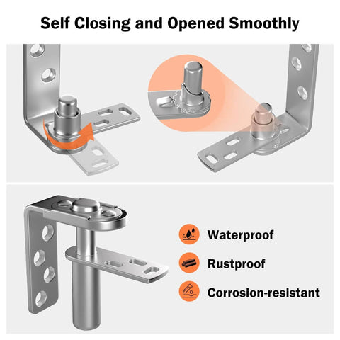 Close-up of Saloon Door Hinges Two Pack Double Action Stainless Steel Swing Hinge, highlighting waterproof and rustproof features.
