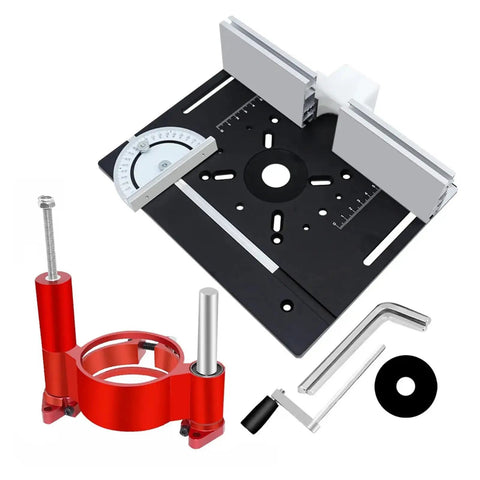 Precision Router Lift System With Aluminum Insert Plate And Wood Routing Base For Workbenches setup featuring aluminium components and bushing.