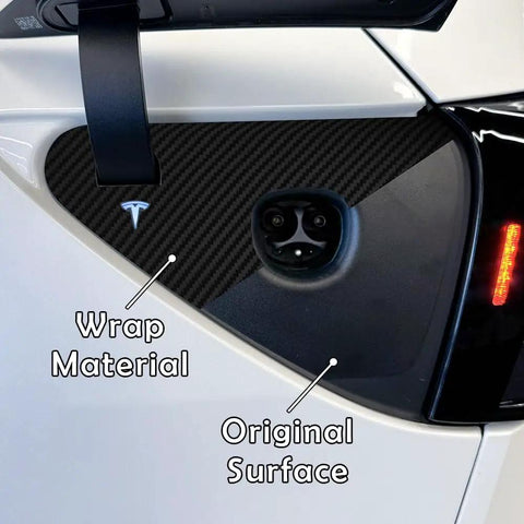 Premium Carbon Fiber Charge Port Wrap For Tesla Model 3 And Model Y Featuring Dope 3D Textured Surface And Straight Up Five Minute Install Fresh Exterior Trim Upgrade, close-up view showing wrap material.