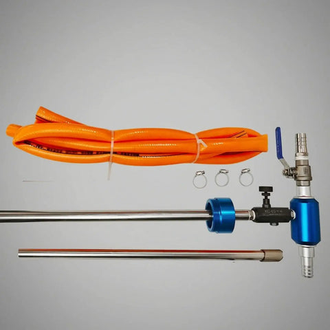 Adjustable Coolant Mixer For Cutting Fluid Dispensing with blue metal valve, hoses, and stainless steel components for precise blending.