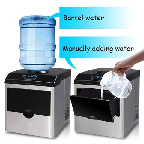Portable Countertop Ice Maker Pumping Out 55 Lbs Of Irresistible Chewable Bullet Ice Daily Featuring A Sweet Two In One Water Jug Setup with barrel and manual water options.