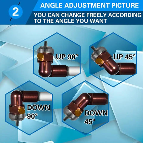 Angle adjustment options for Heavy Duty Extension Rod Spray Gun; shows multiple positions: up 90°, up 45°, down 90°, down 45°.