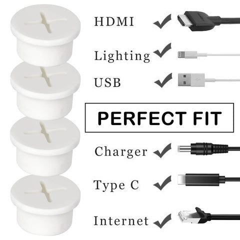 Silicone Cable Grommet Set, 12 Pcs 3/4 Inch Hole Covers for Desk Cable Management, white finish, compatible with HDMI, USB, Type C cables.