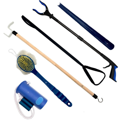 Total Hip Replacement Recovery Kit 6 Piece Grabber Set With 32 Inch Reacher Foldable Grabber Tool Deluxe Sock Aid.