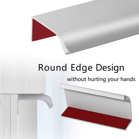 Close-up of 12 Pack Self Adhesive Drawer Pulls 3.15 Inch Silver Finger Edge Cabinet Handles No Drill Hidden Pulls with round edge design.